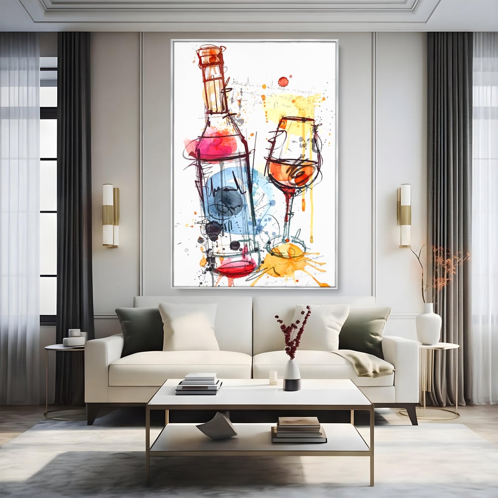 Tablou canvas cu tablou canvas cu sticla si pahar de vin, in rama de aluminiu argintiu, pe perete intr-un living